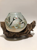 Copy of hand painted puffins  globe on wood